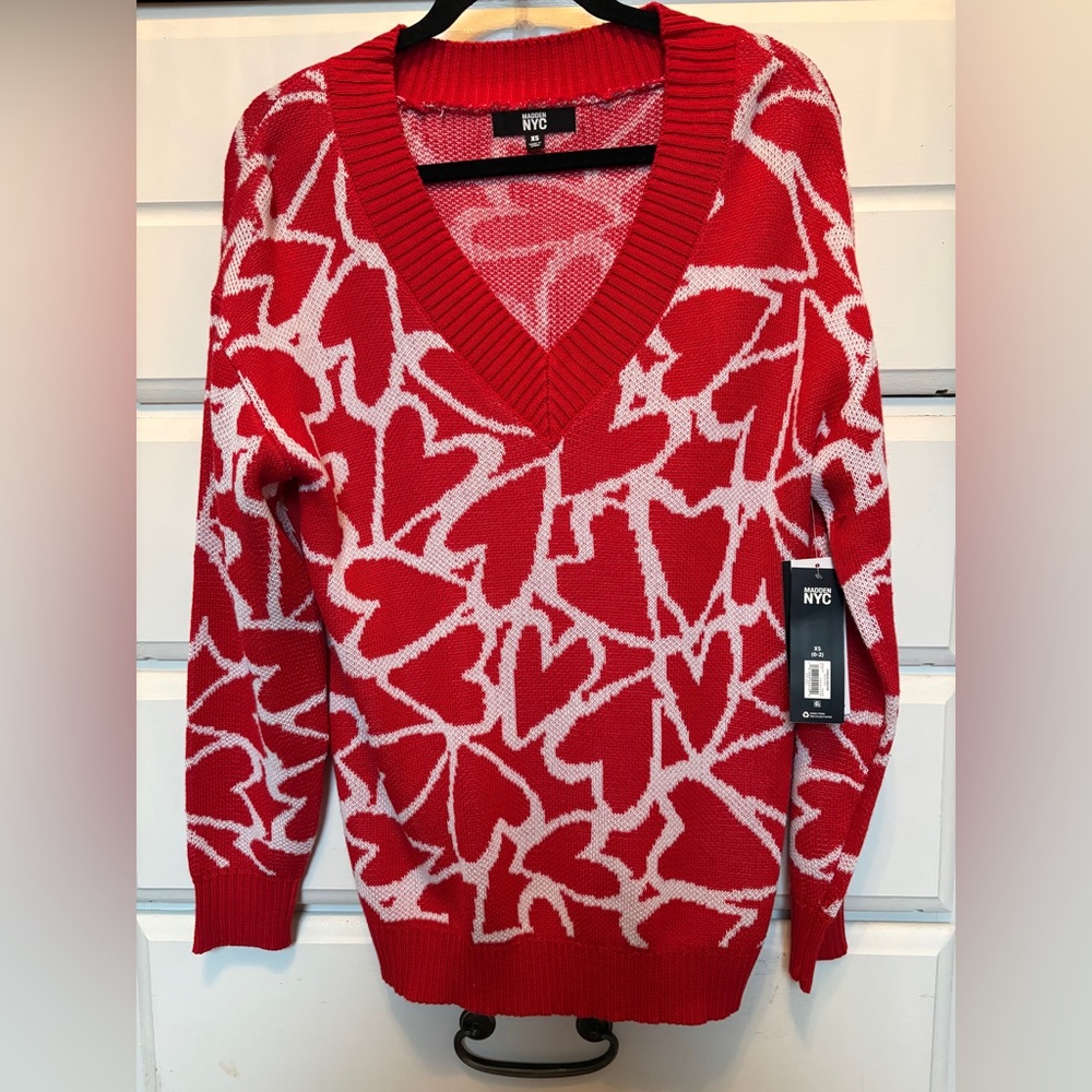 Madden NYC Red and White Heart V-Neck Sweater